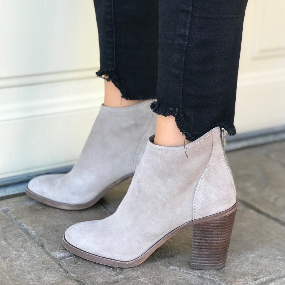 NIB Taupe Suede Asymmetrical Block Heel Bootie - Picture 3 of 3